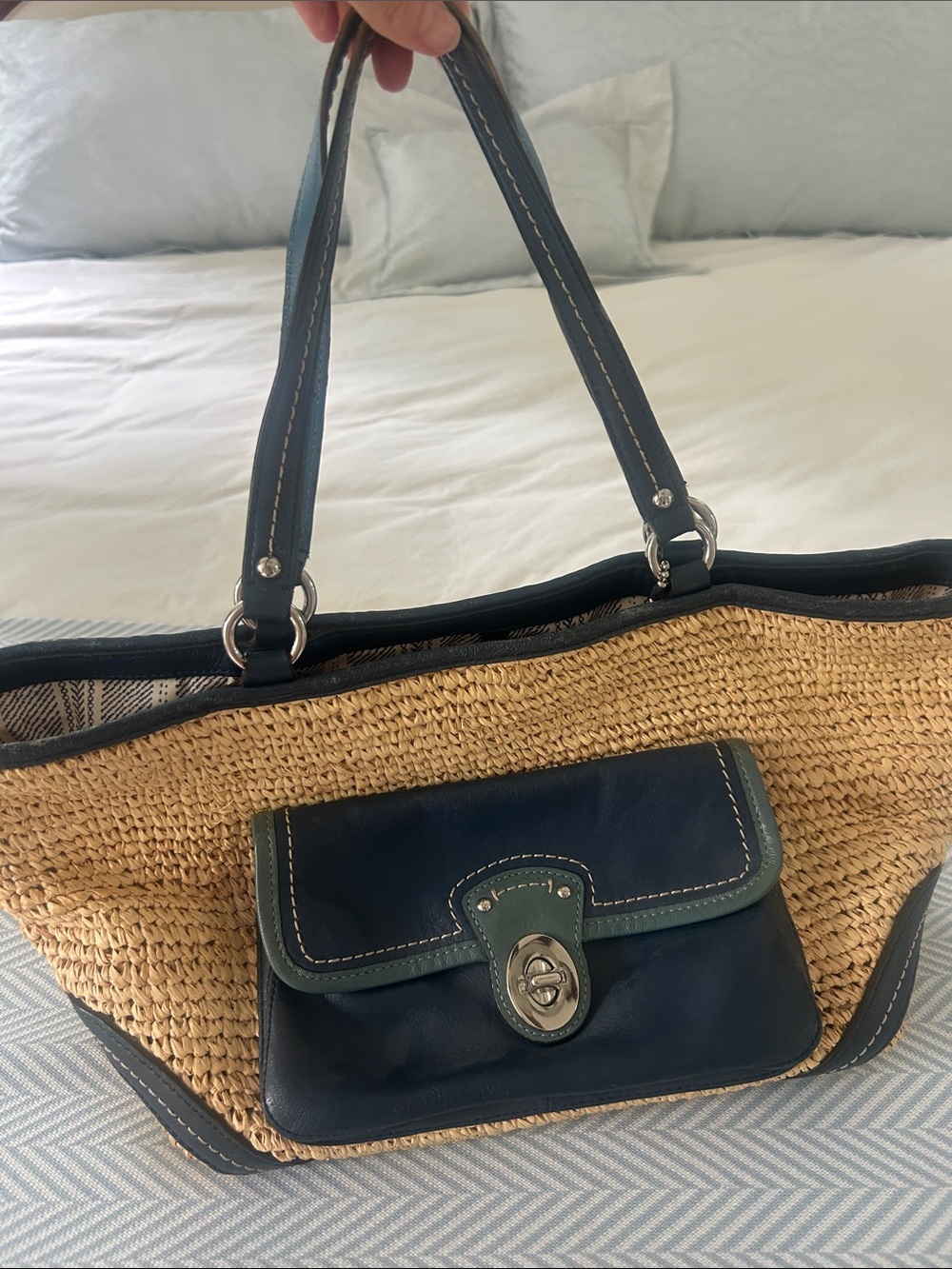 Coach Straw Tote with Blue Leather Trim